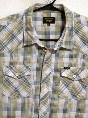 Seager Shirt Mens Large Short Sleeve Button White Green Gray Striped